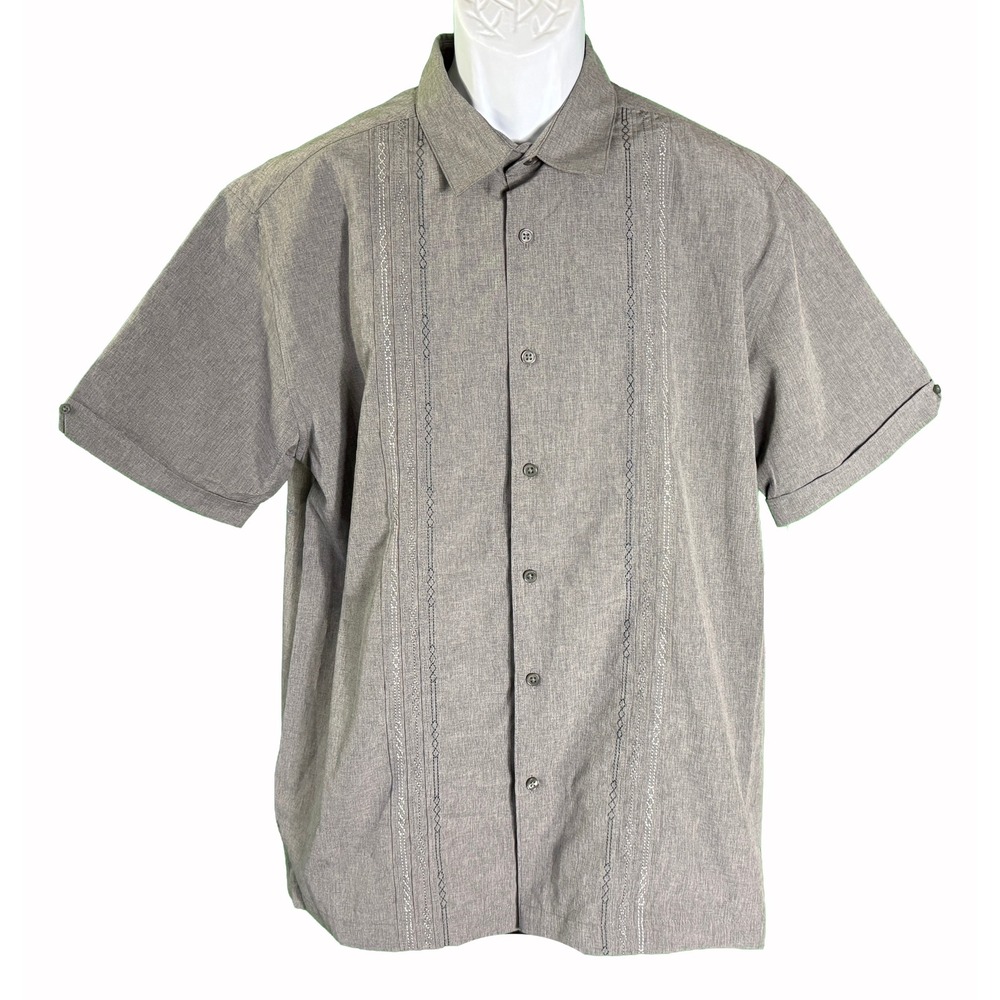 Cubavera Button Up Shirt Mens Large Steeple Gray Embroidered Guayabera Style